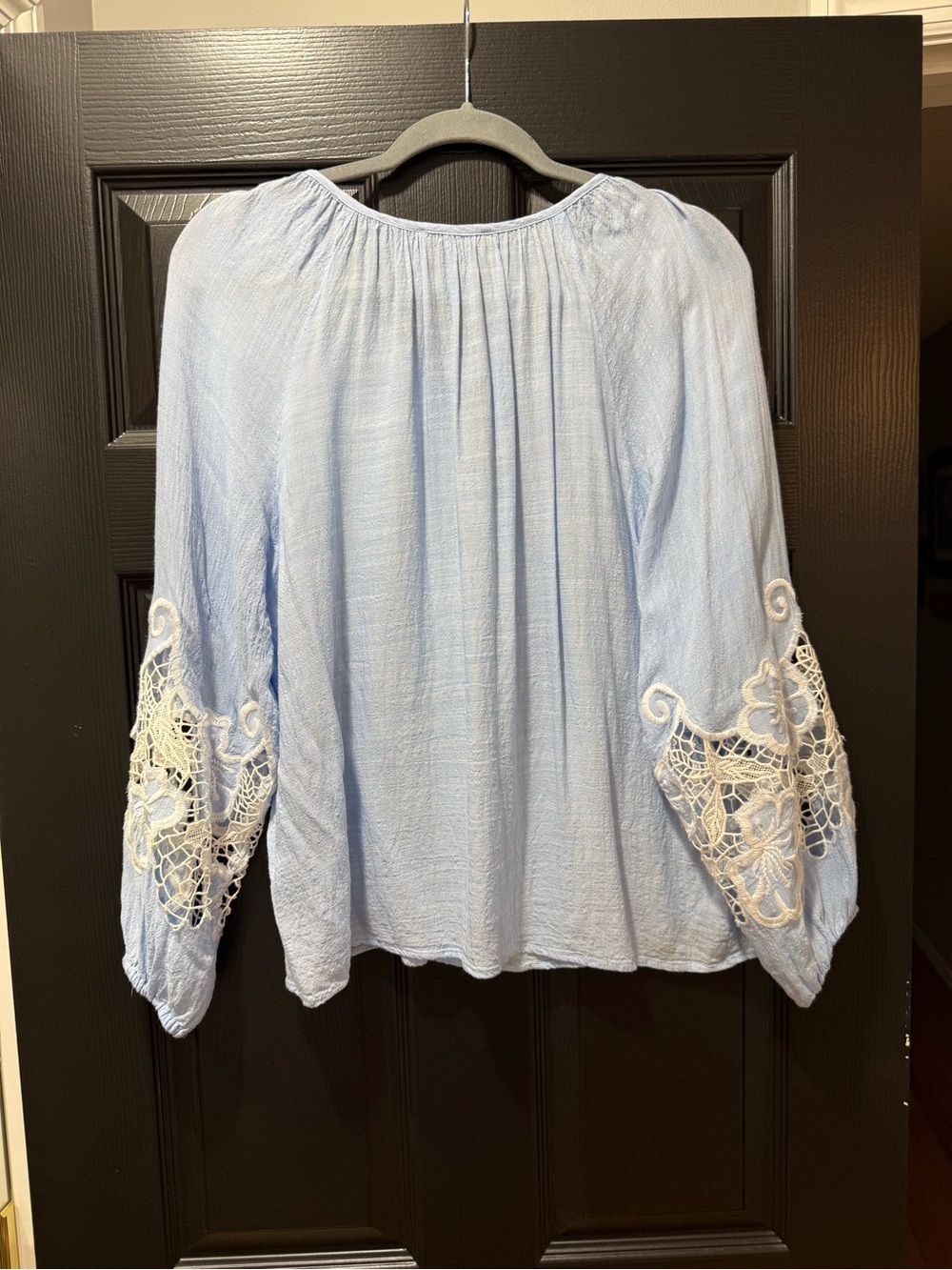 Light Blue Peasant Blouse with Crochet Sleeve Detail - Picture 4 of 9